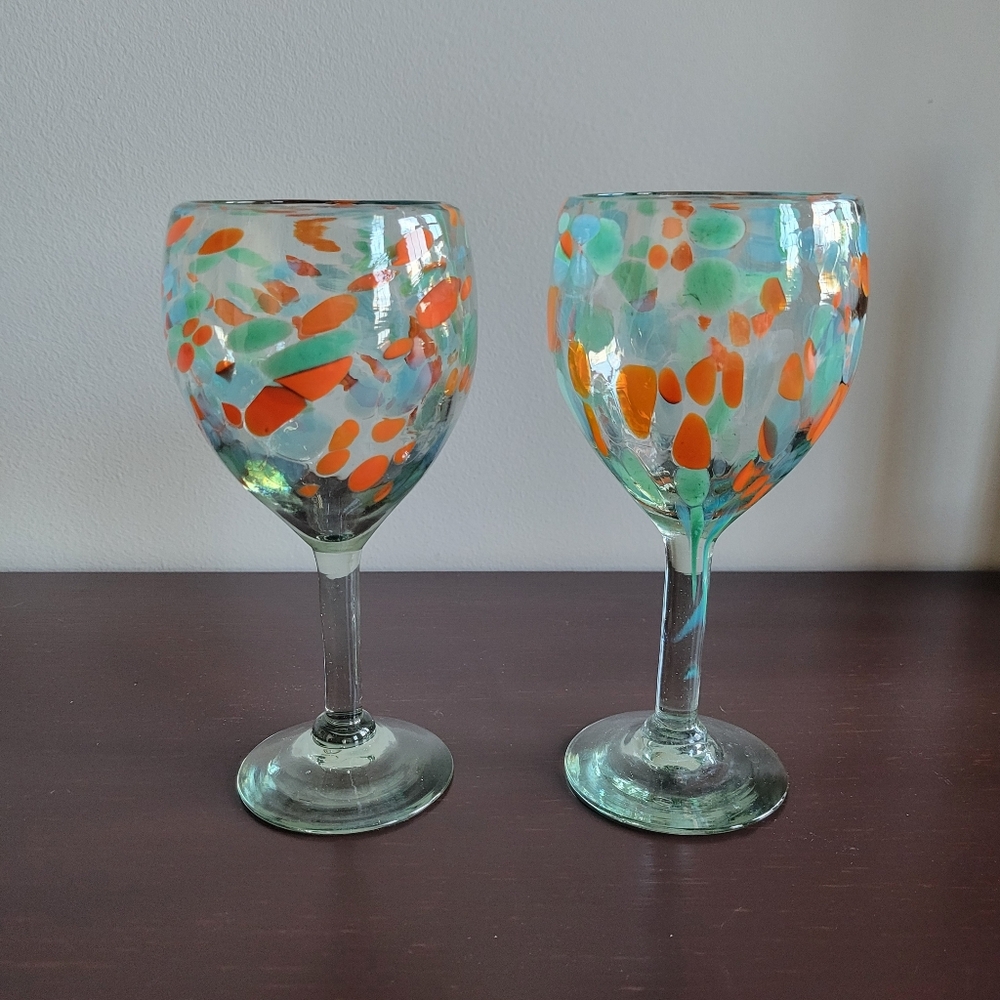 Novica Handblown Coral Teal Stemmed Wine Glasses from Mexico, Set of 2